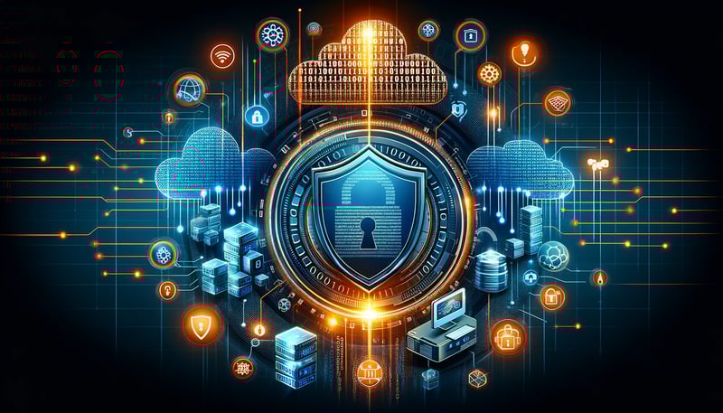 Futuristic image showcasing digital data security with locks, shields, binary code, and tech devices, symbolizing protection in digital transformation